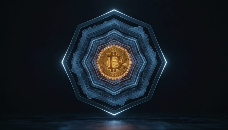 Layered hexagonal security barriers protecting a golden Bitcoin core symbolizing node security