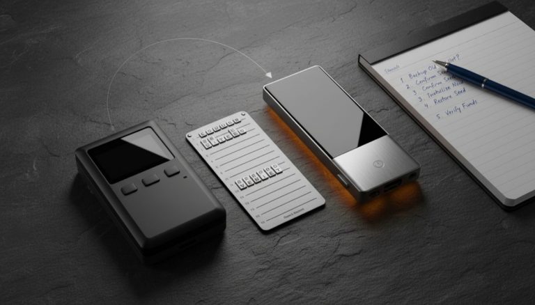 Hardware wallet seed phrase migration setup with two devices and steel backup plate on dark surface