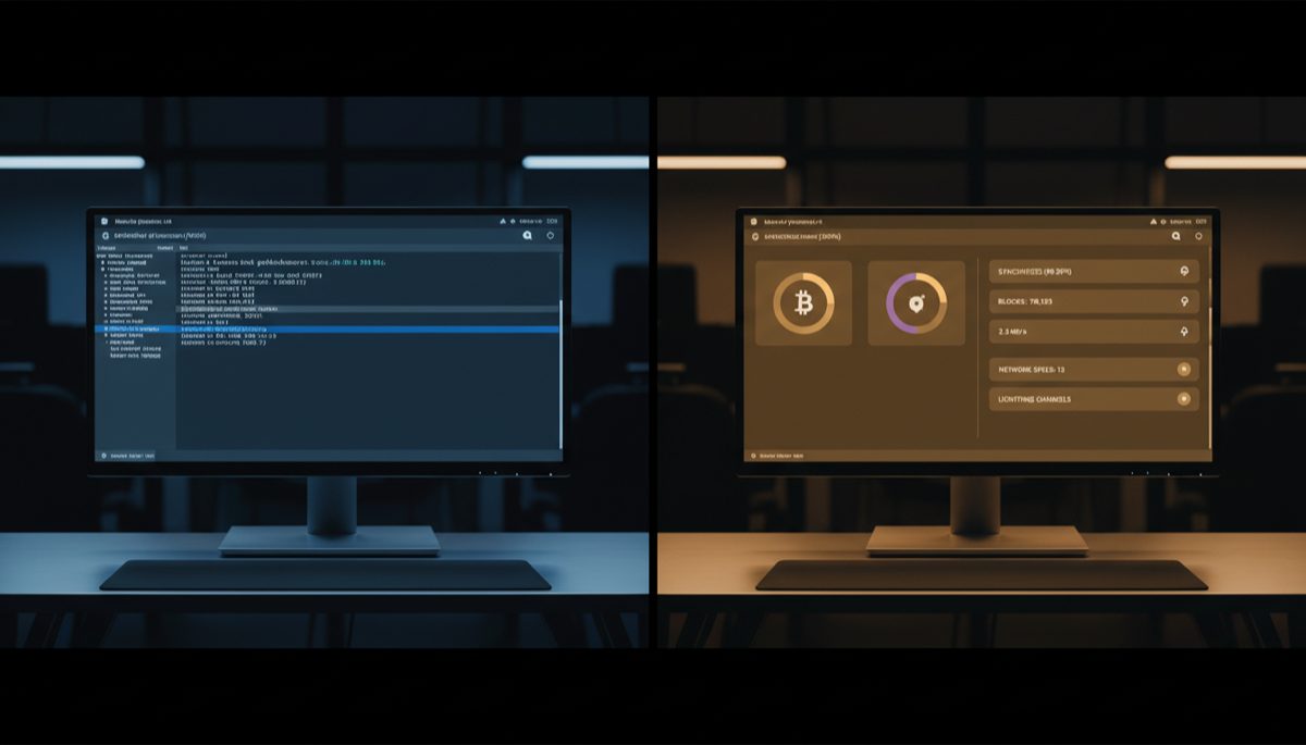 Bitcoin node software comparison showing command-line Bitcoin Core and graphical dashboard interface