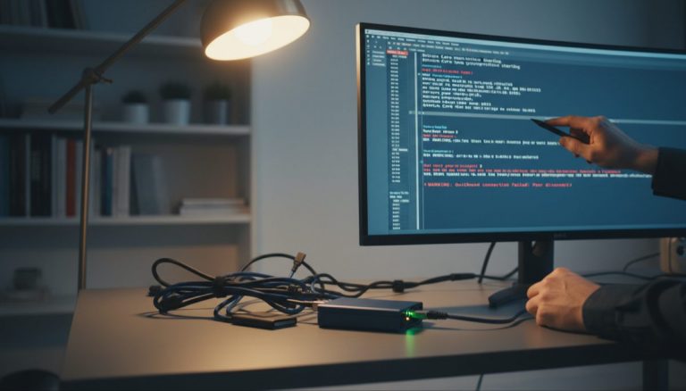 Bitcoin node connectivity troubleshooting with terminal showing network logs on monitor