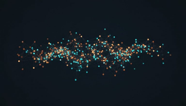 Decentralized peer-to-peer network mesh with glowing nodes representing P2P Bitcoin trading