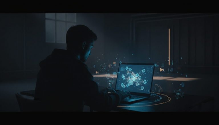 Silhouetted figure reviewing Bitcoin transaction privacy on laptop with blockchain visualization