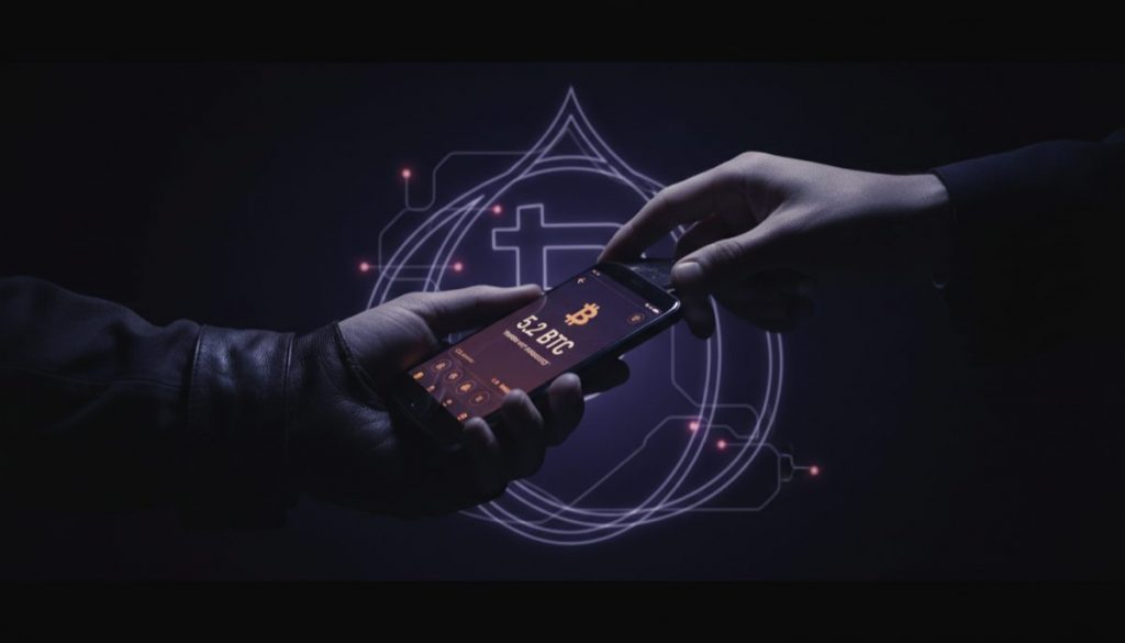 Anonymous peer-to-peer Bitcoin trading with hands exchanging phone in dark atmospheric scene