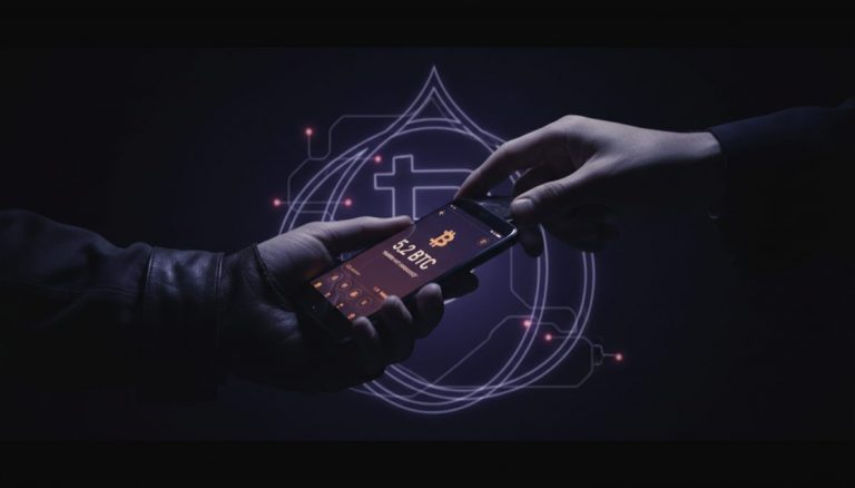 Anonymous peer-to-peer Bitcoin trading with hands exchanging phone in dark atmospheric scene