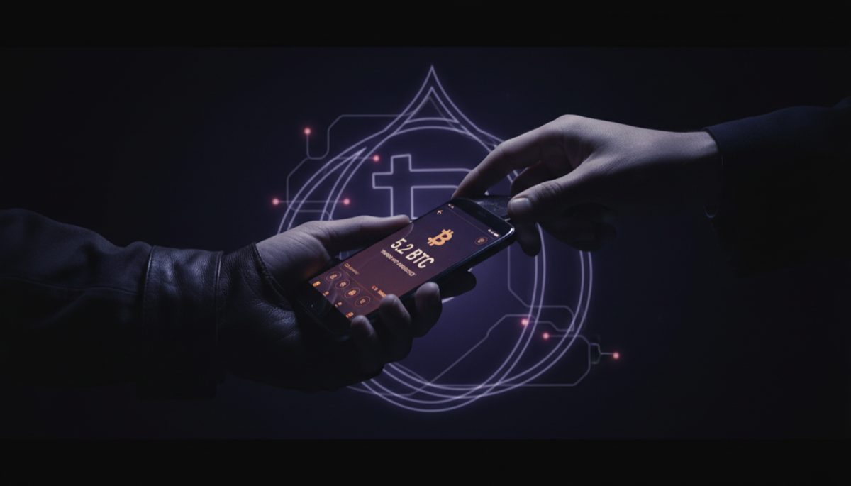 Anonymous peer-to-peer Bitcoin trading with hands exchanging phone in dark atmospheric scene