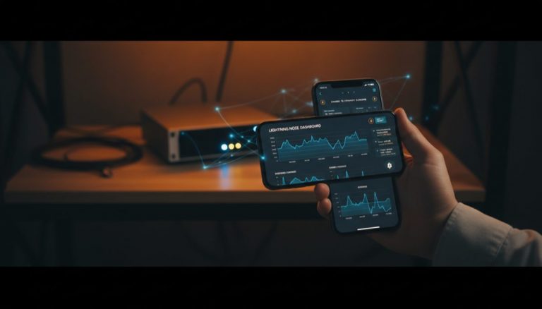 Smartphone displaying Lightning Network node dashboard with home server in background