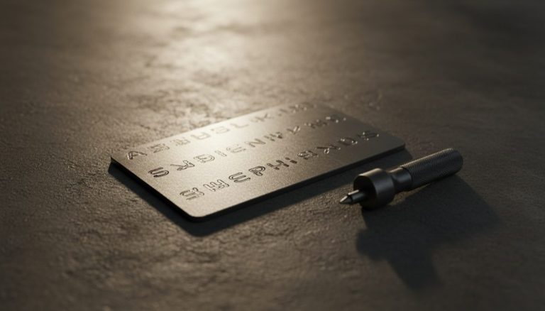 Metal seed phrase backup plate with stamped characters and engraving tool on dark surface