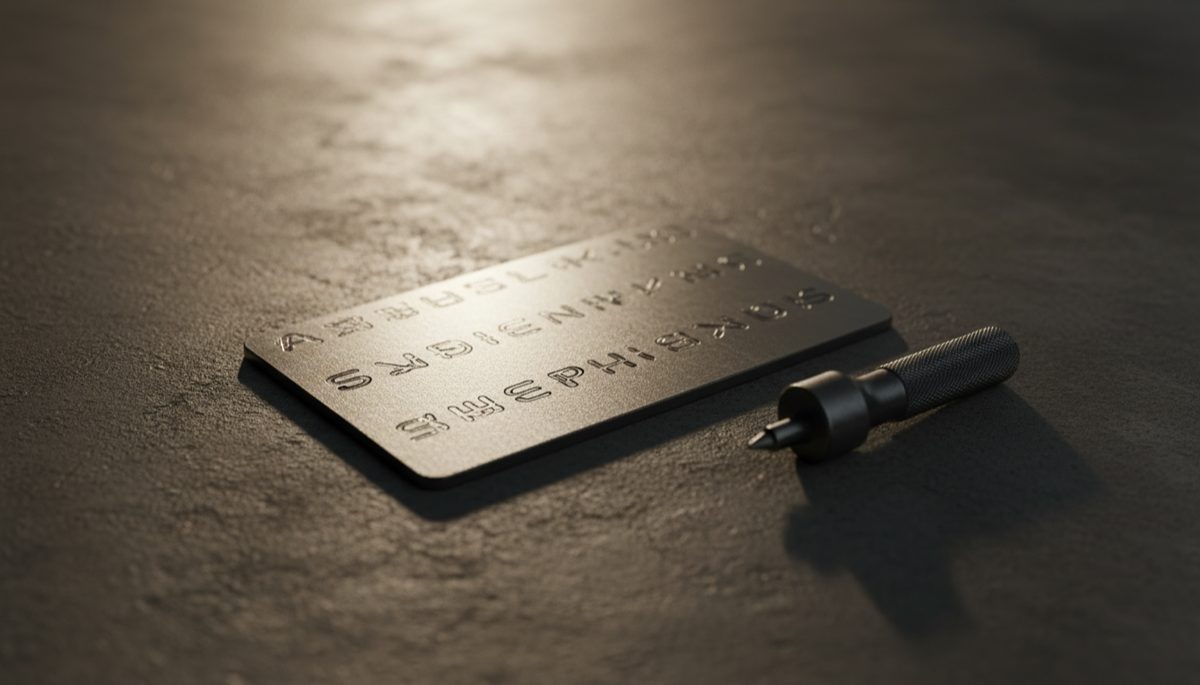 Metal seed phrase backup plate with stamped characters and engraving tool on dark surface