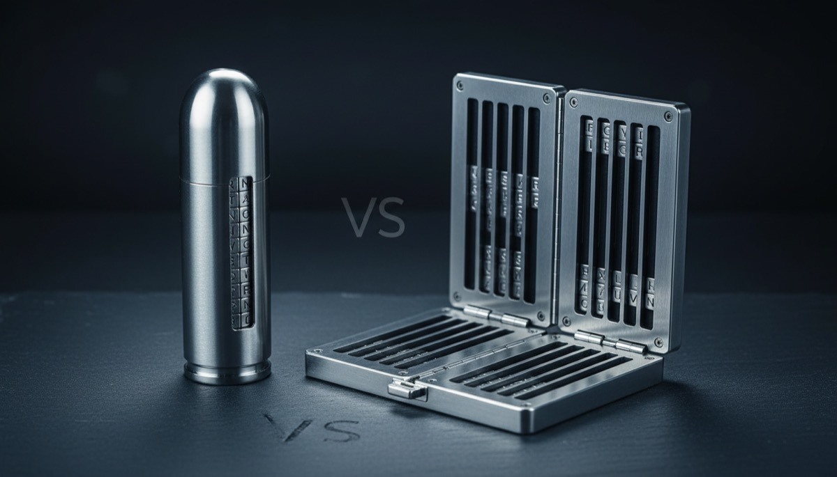 Cryptosteel Capsule vs Billfodl comparison - stainless steel seed phrase backup devices side by side