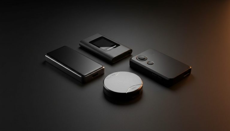 Collection of hardware wallet devices arranged on dark surface - buying guide comparison