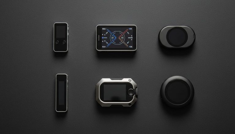 Top-down view of six different hardware wallet devices arranged for comparison