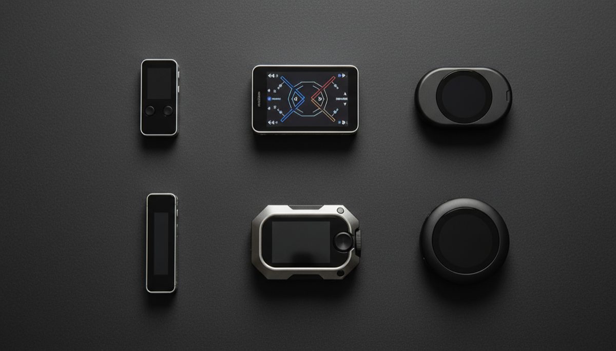 Top-down view of six different hardware wallet devices arranged for comparison