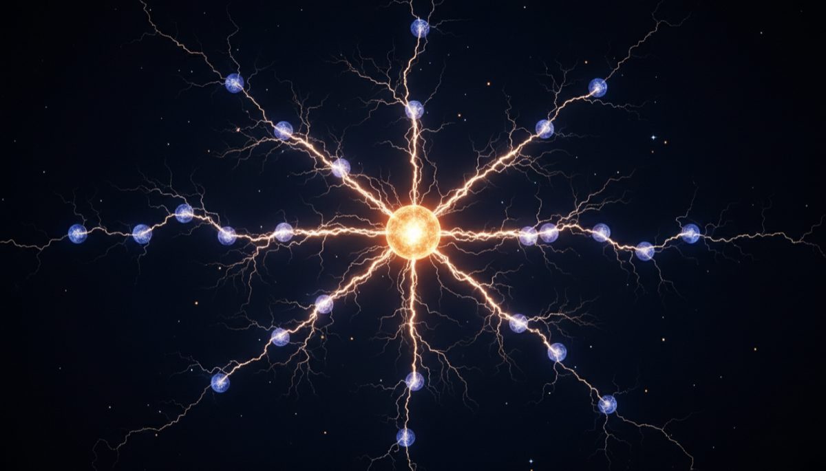 Lightning Network node visualization with central hub and electric connections to surrounding nodes