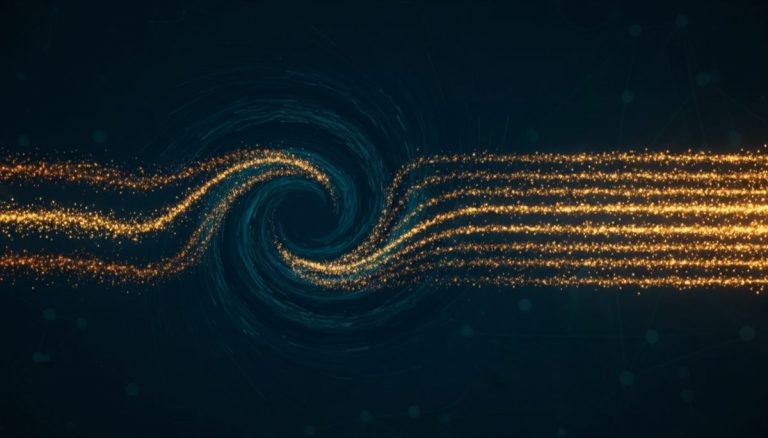 Abstract visualization of Bitcoin CoinJoin mixing process with converging golden streams