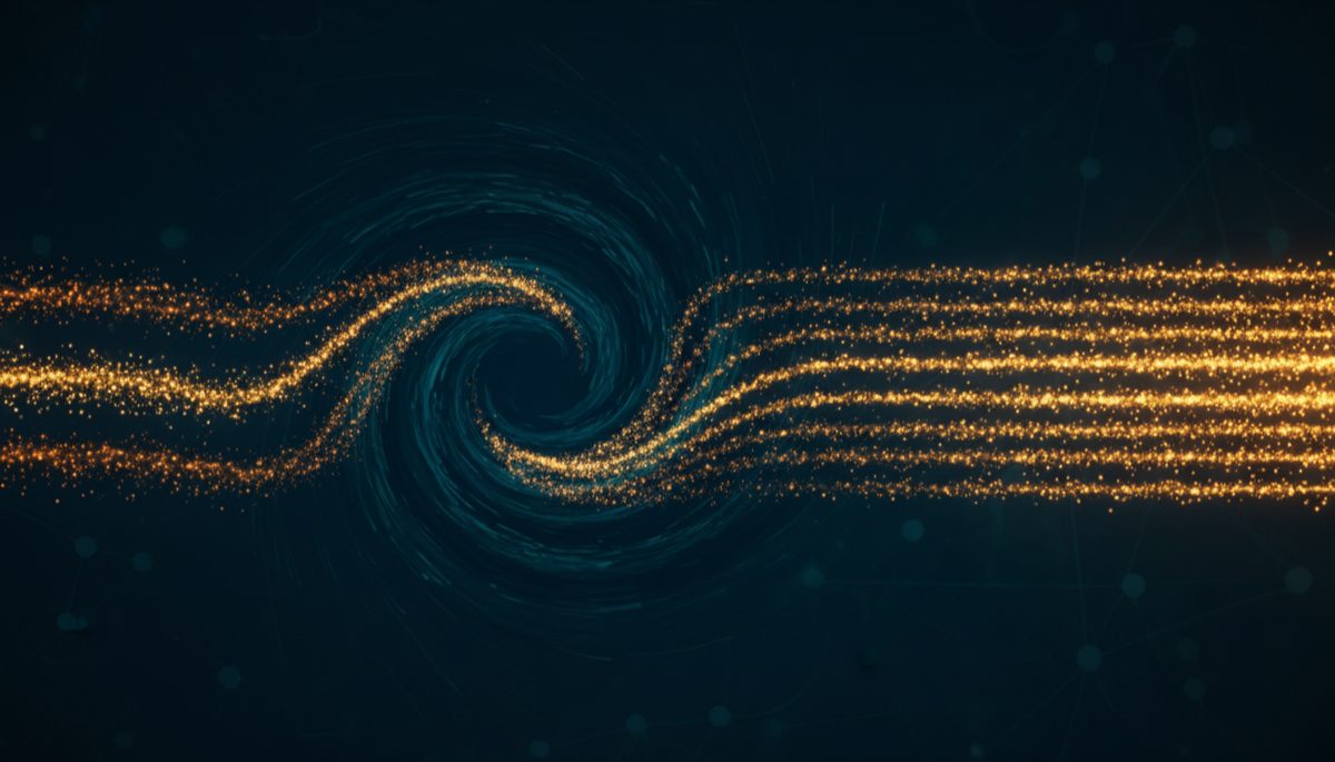 Abstract visualization of Bitcoin CoinJoin mixing process with converging golden streams