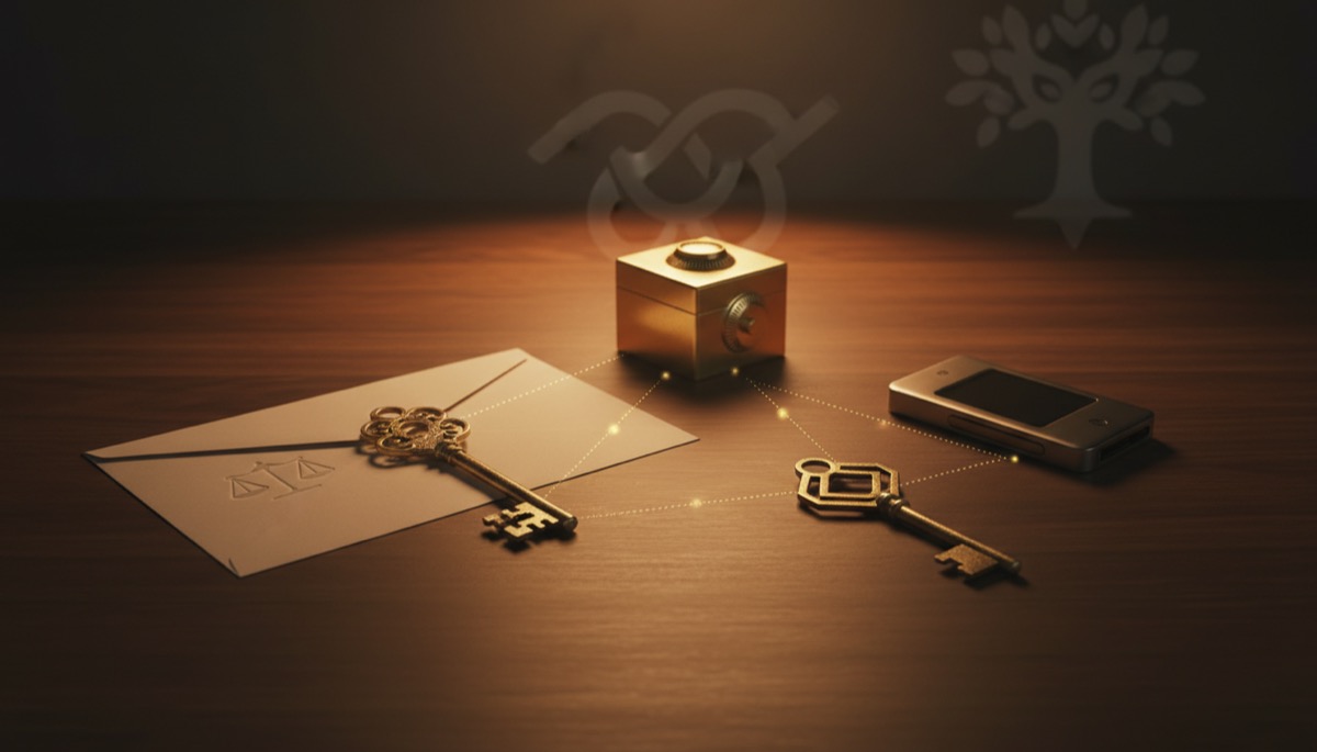 Bitcoin multisig inheritance planning - three golden keys on desk representing distributed key management for estate planning