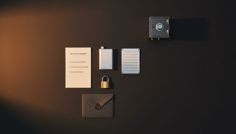 Bitcoin self-custody checklist - organized security items including hardware wallet seed backup and checklist