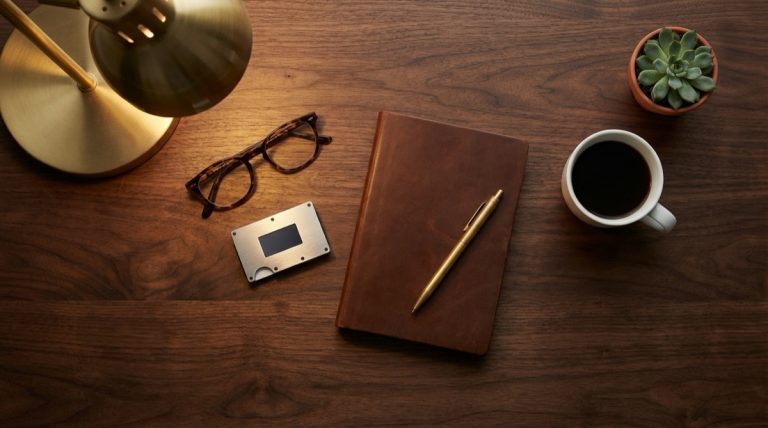 Editorial desk flat lay with hardware wallet, leather journal, reading glasses, coffee cup and brass desk lamp
