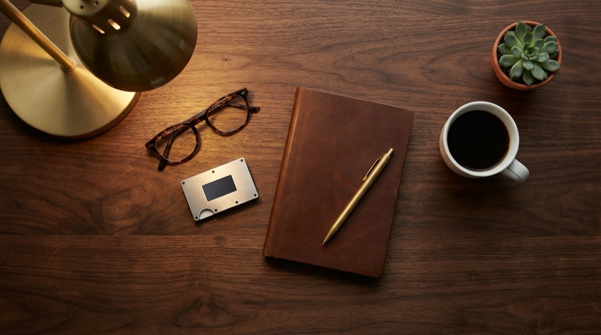 Editorial desk flat lay with hardware wallet, leather journal, reading glasses, coffee cup and brass desk lamp