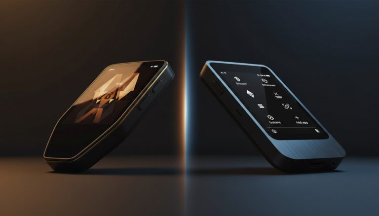 Trezor vs Ledger hardware wallet comparison 2026 - two devices face to face on dark background