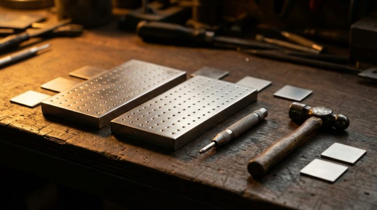 Stainless steel seed phrase backup plates with punched dot patterns alongside a center punch tool and hammer on a wooden workbench