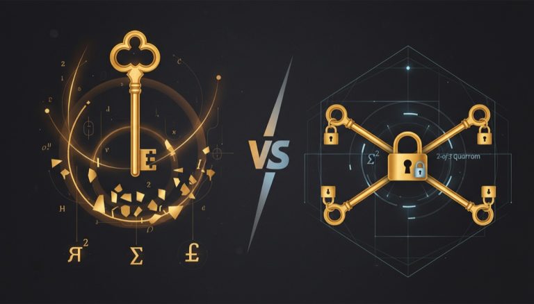Shamir Secret Sharing vs Bitcoin multisig comparison - two backup security architectures visualized