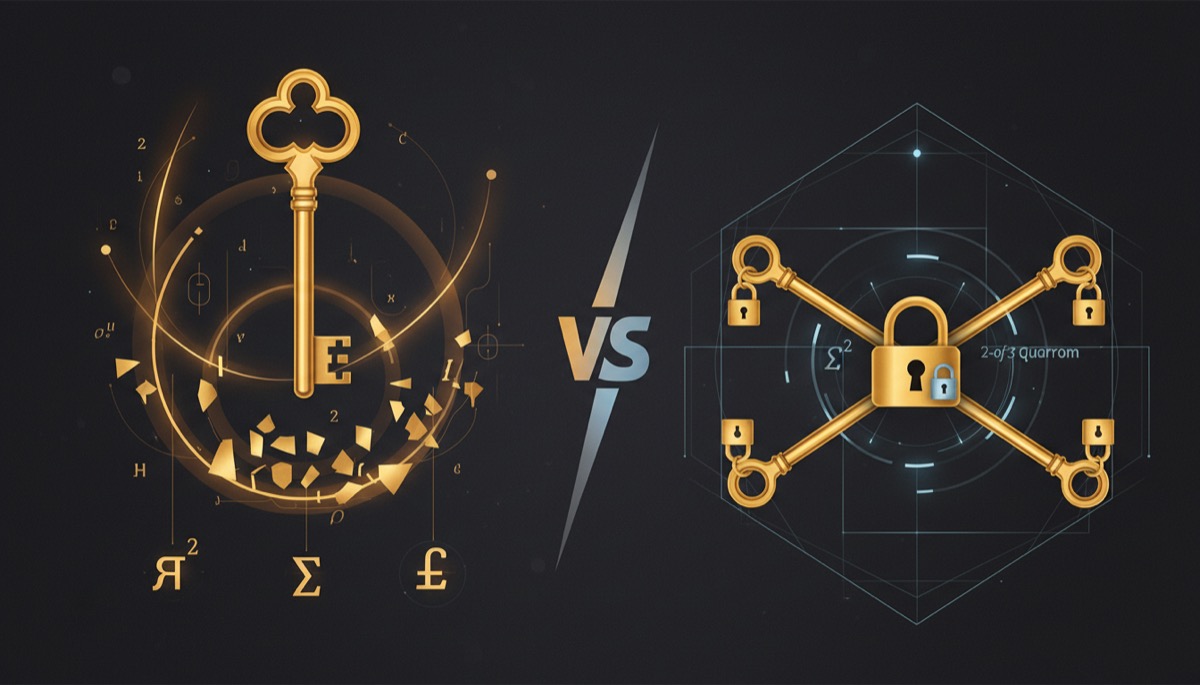 Shamir Secret Sharing vs Bitcoin multisig comparison - two backup security architectures visualized