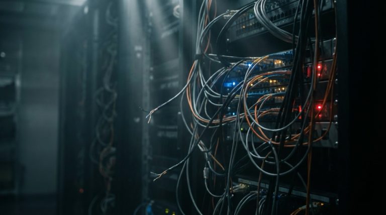 Complex server room cable panel with disconnected wires and warning LEDs representing Lightning Network payment failure troubleshooting