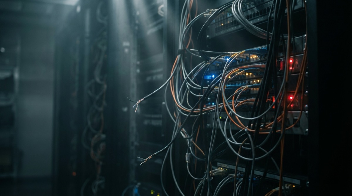 Complex server room cable panel with disconnected wires and warning LEDs representing Lightning Network payment failure troubleshooting