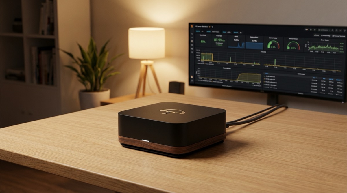 Umbrel Home matte black server with walnut wood base on a desk with dashboard monitor in background