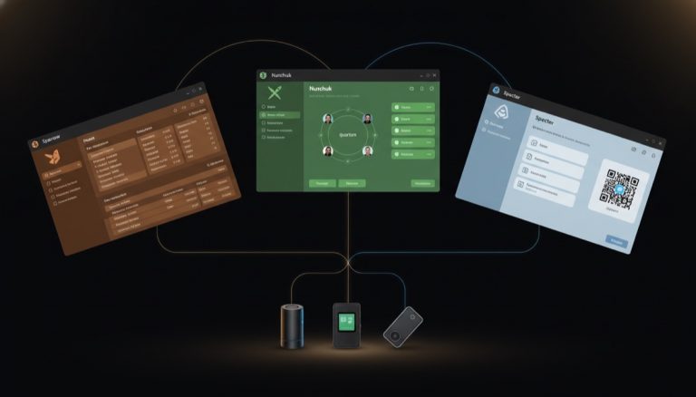 Sparrow Nunchuk Specter multisig coordinator comparison - three Bitcoin wallet interfaces side by side