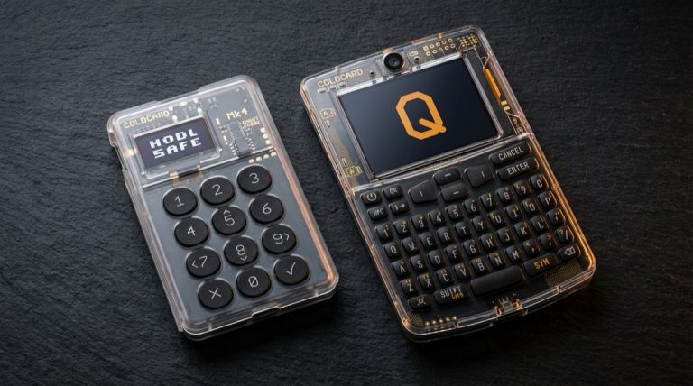 Coldcard MK4 and Coldcard Q hardware wallets side by side comparison on dark surface