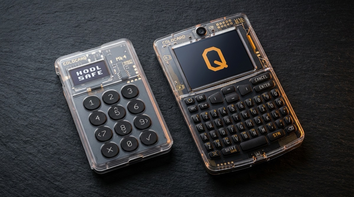 Coldcard MK4 and Coldcard Q hardware wallets side by side comparison on dark surface