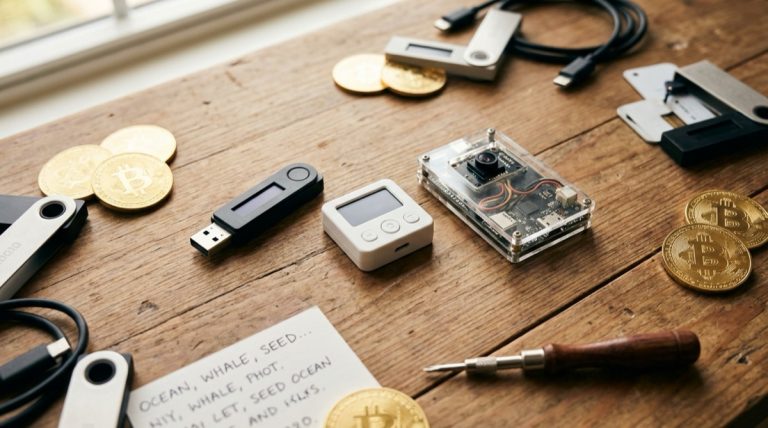 Collection of affordable hardware cryptocurrency wallets arranged on wooden surface with Bitcoin coins and seed phrase card