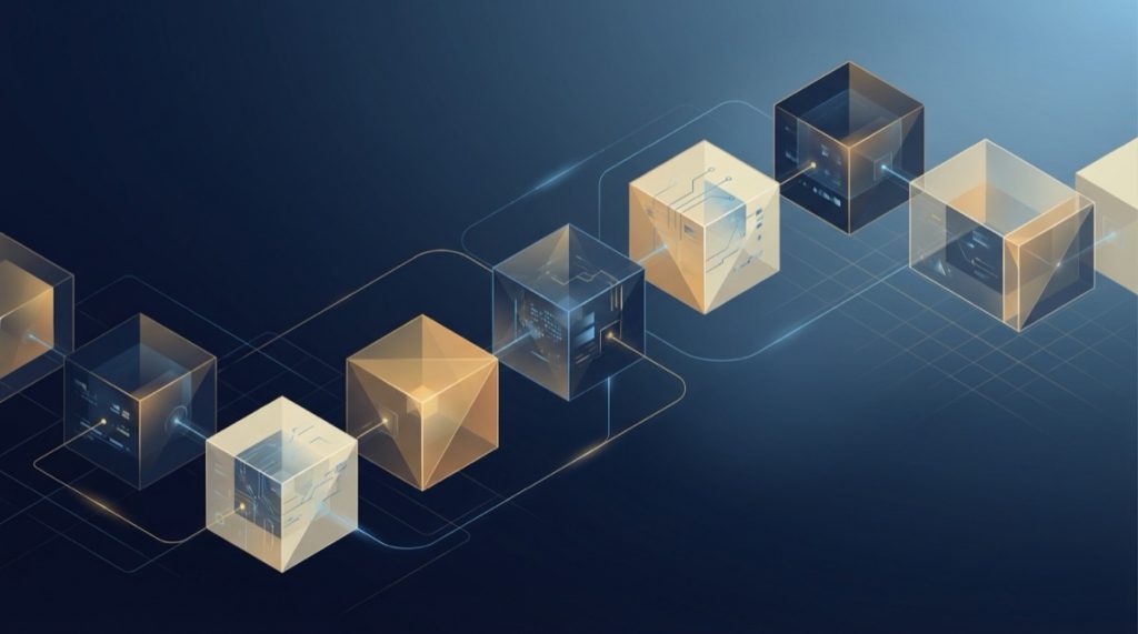 Elegant editorial illustration of translucent geometric blocks connected in a chain representing blockchain technology