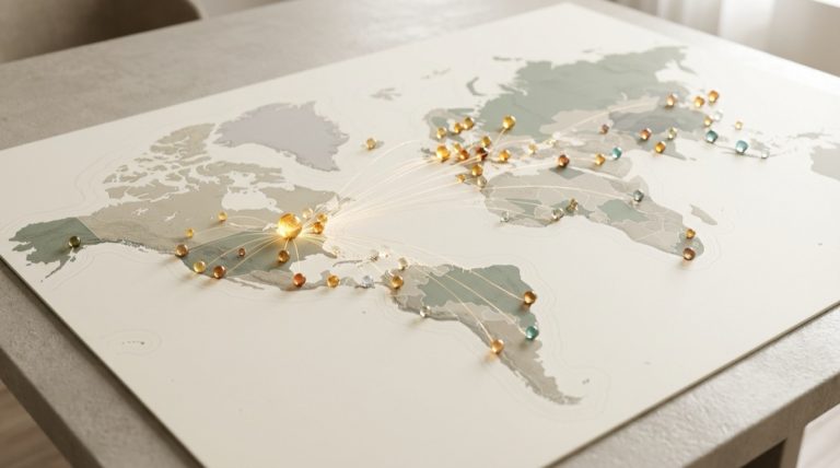 World map with glowing nodes representing different cryptocurrency networks connected across continents
