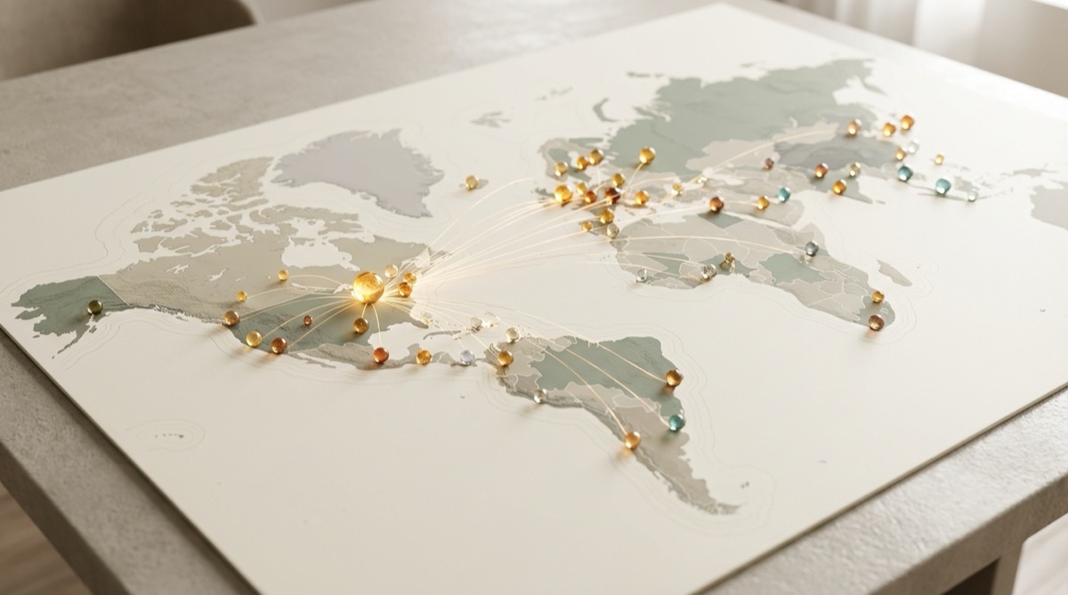 World map with glowing nodes representing different cryptocurrency networks connected across continents
