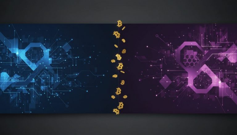 Split-screen visual comparing two cryptocurrency exchange platforms with Bitcoin symbols