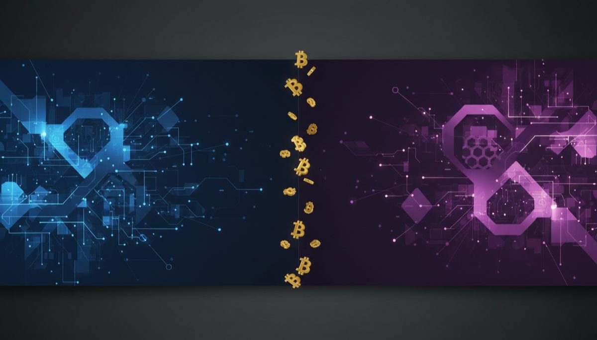 Split-screen visual comparing two cryptocurrency exchange platforms with Bitcoin symbols
