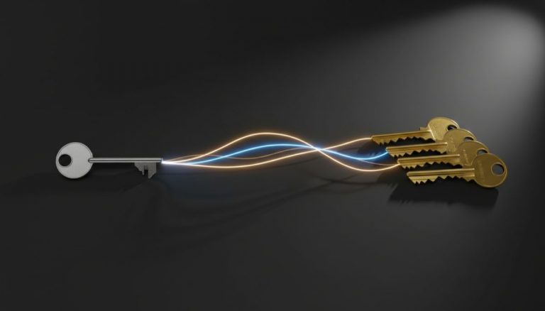 Single silver key transforming into three golden keys representing singlesig to multisig upgrade