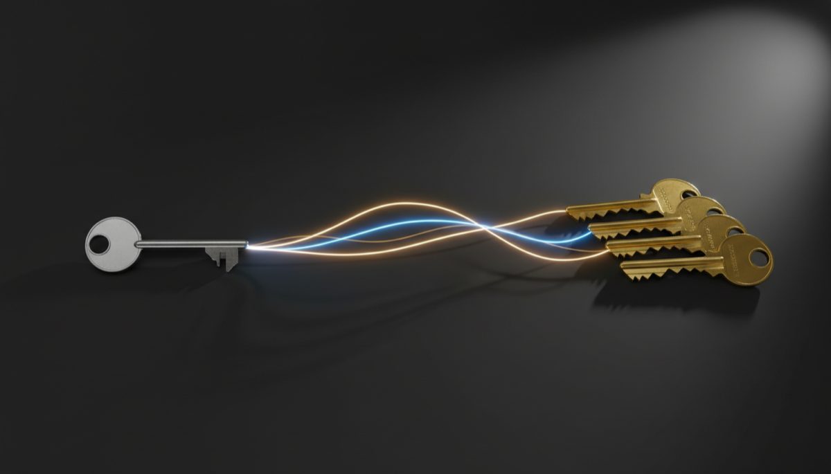 Single silver key transforming into three golden keys representing singlesig to multisig upgrade