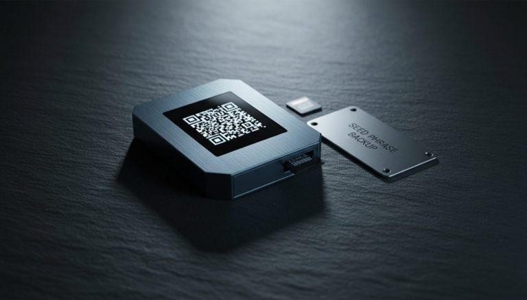 Air-gapped hardware wallet displaying QR code on dark slate surface with microSD card