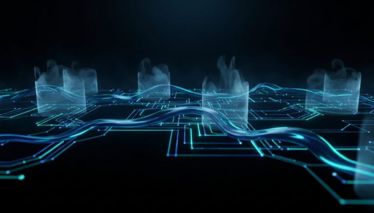 Abstract visualization of Lightning Network payment channels with privacy fog layers