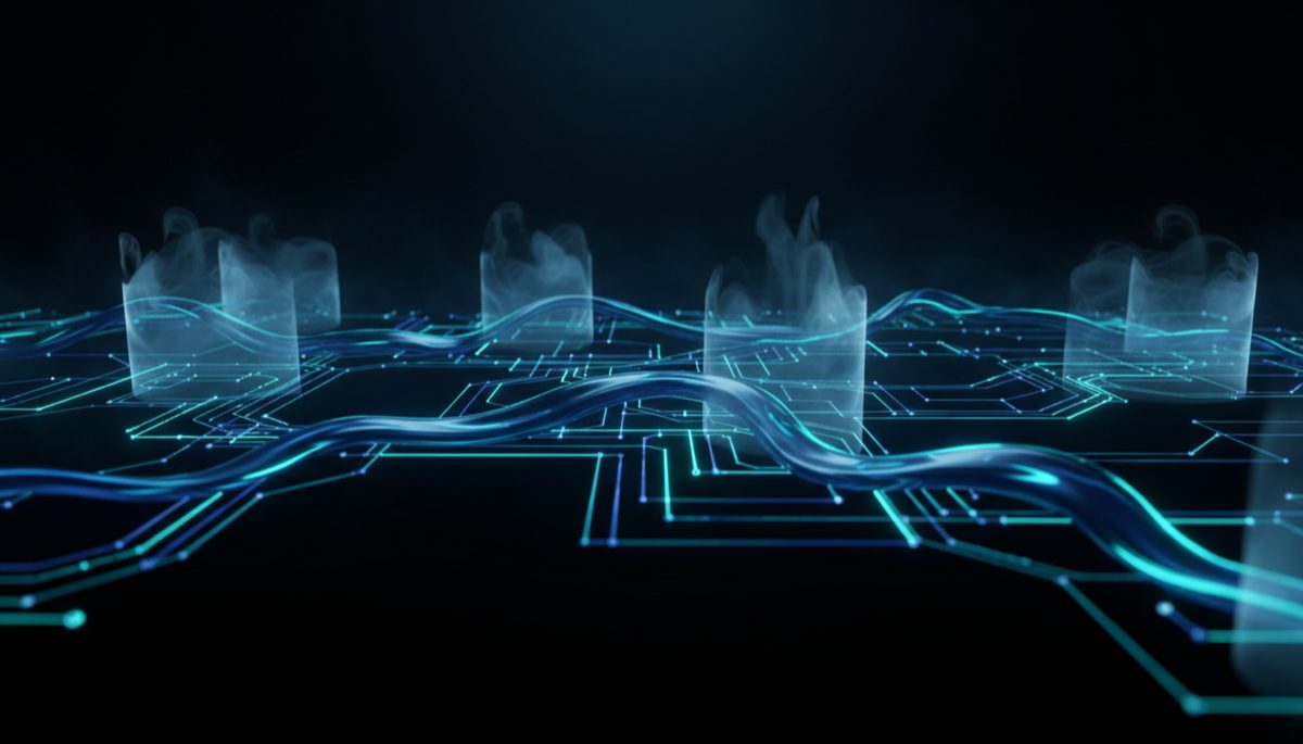 Abstract visualization of Lightning Network payment channels with privacy fog layers