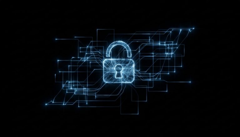 Lightning Network architecture visualization with privacy lock symbol and electric blue network paths