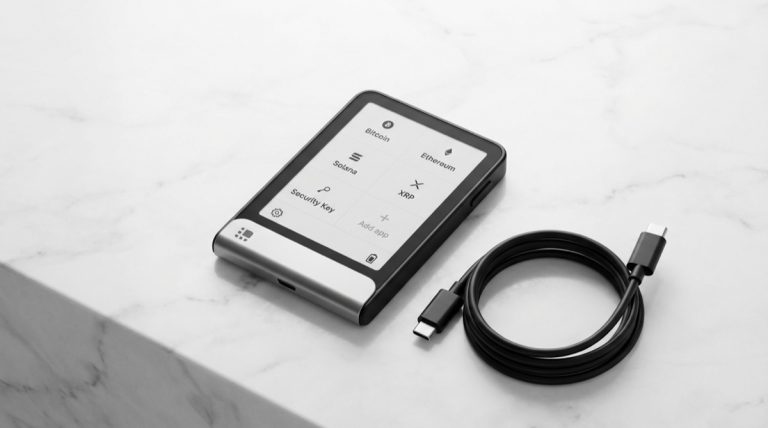 Ledger Flex touchscreen hardware wallet on marble surface