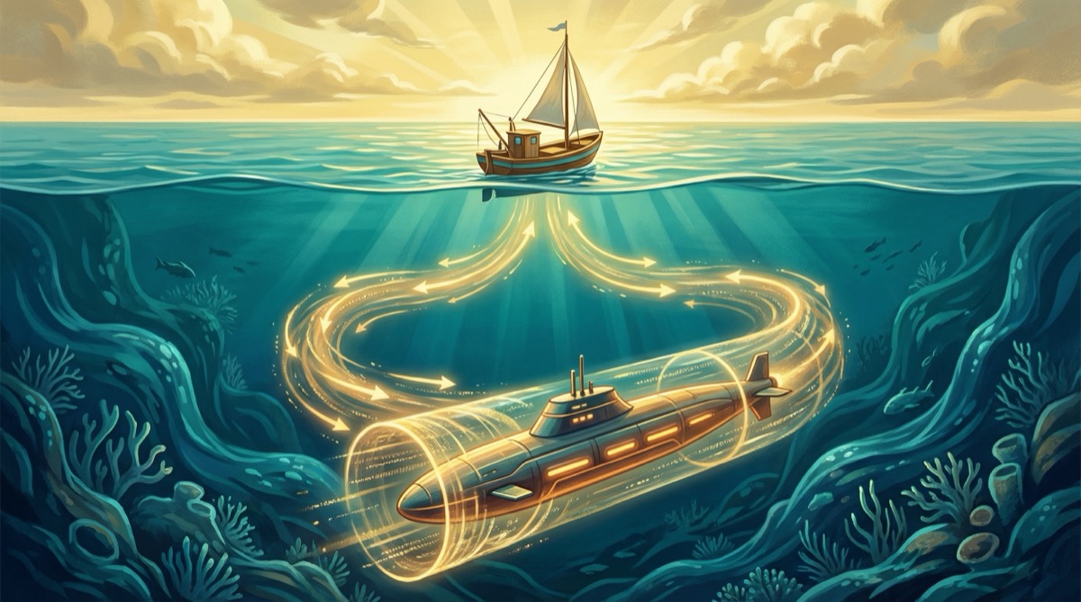Boat on ocean surface and submarine below connected by golden loop representing submarine swaps