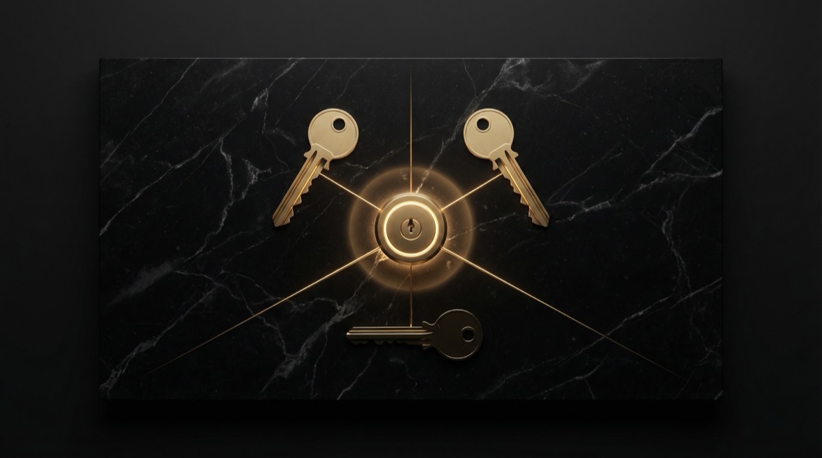 Three brass keys on dark marble connected to central lock representing 2-of-3 multisig