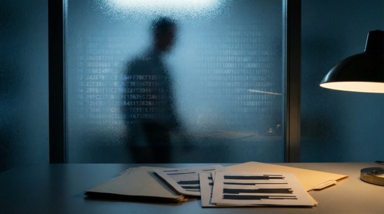 Silhouette behind frosted glass with encrypted data representing Bitcoin privacy