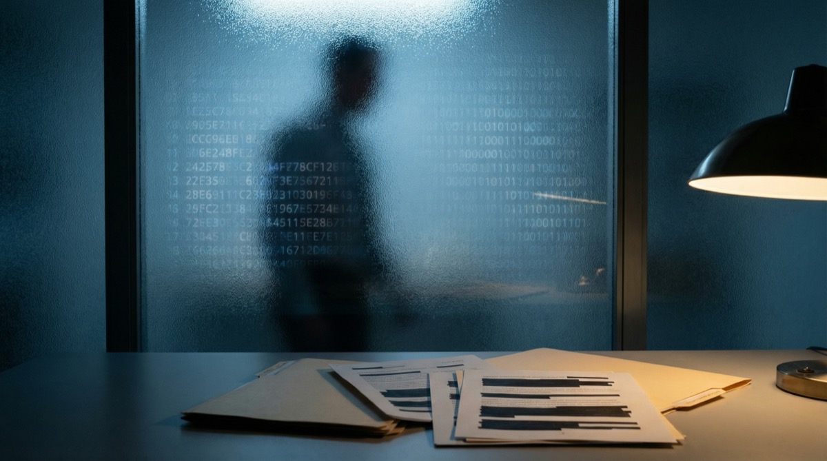 Silhouette behind frosted glass with encrypted data representing Bitcoin privacy